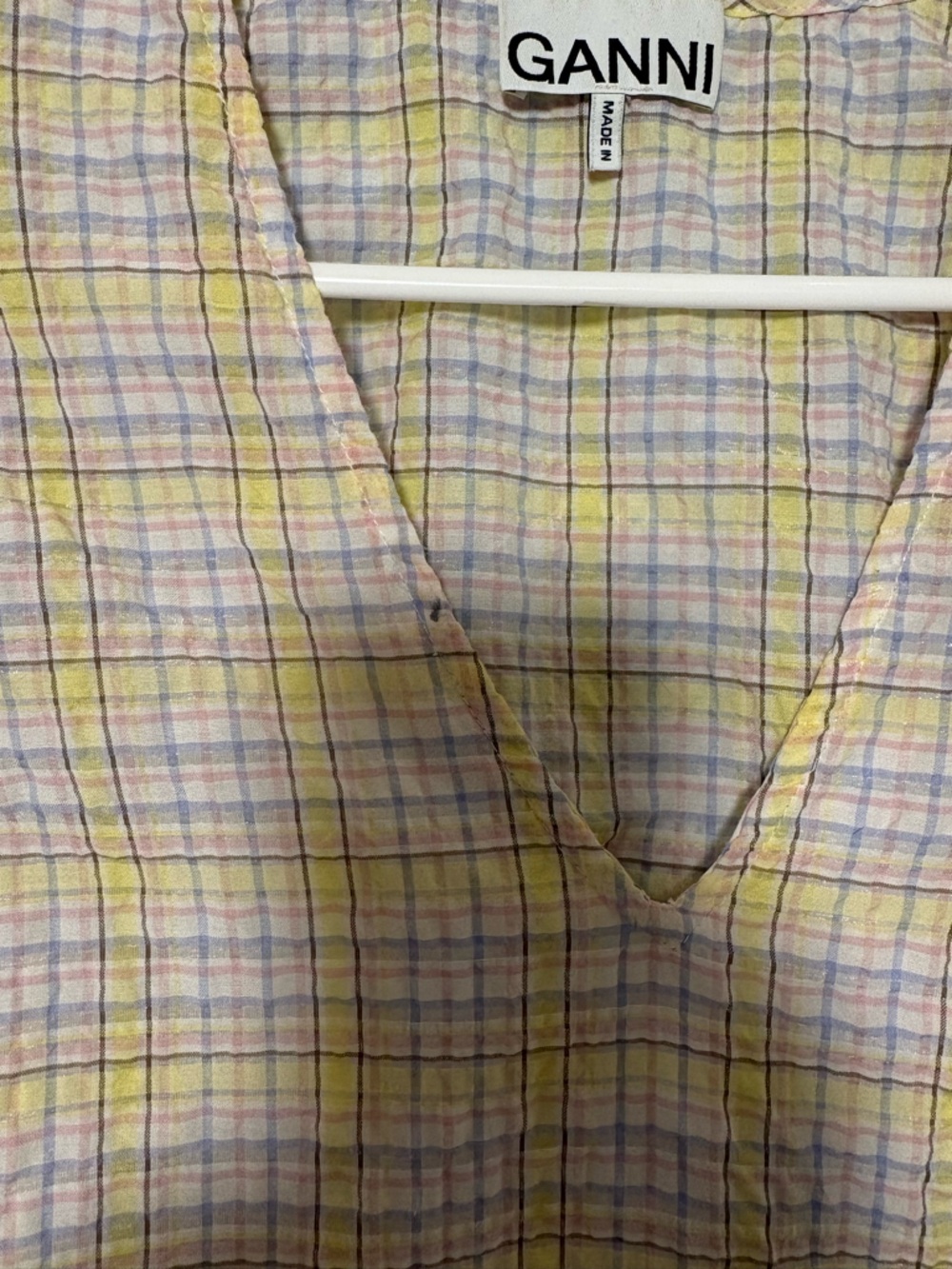 Ganni Lavender & Yellow Seersucker Plaid V-Neck Puff Sleeve Top - Picture 7 of 7